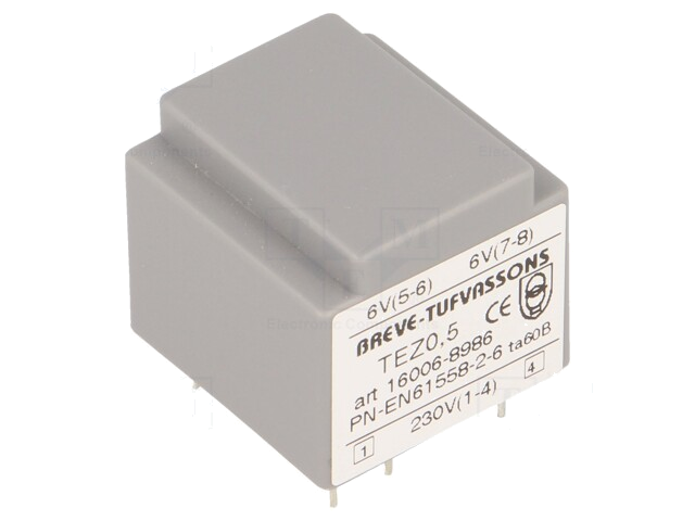 Transformator: ingegoten; 0,5VA; 230VAC; 6V; 6V; 41,6mA; 41,6mA; PCB Transformator: ingegoten; 0,5VA; 230VAC; 6V; 6V; 41,6mA; 41,6mA; PCB